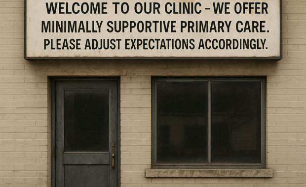 Fictitious picture of a clinic with a sign that says "Welcome to our clinic - we offer minimally supportive primary care. Please adjust expectations accordingly."